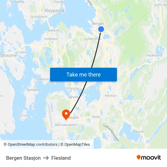 Bergen Stasjon to Flesland map