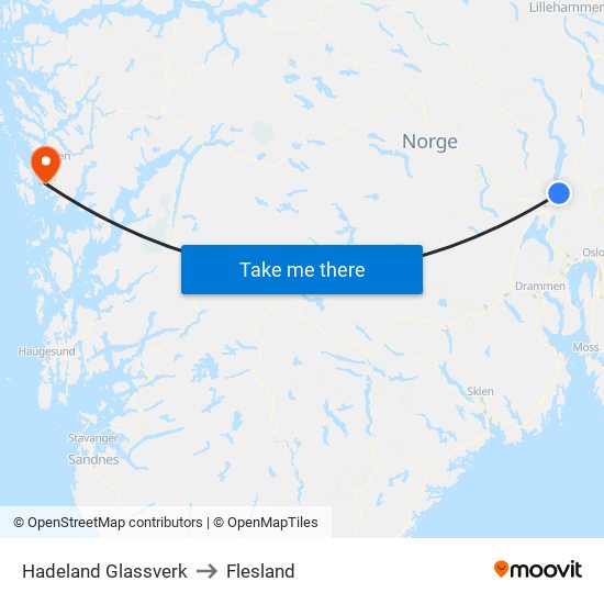 Hadeland Glassverk to Flesland map