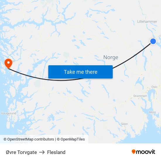 Øvre Torvgate to Flesland map