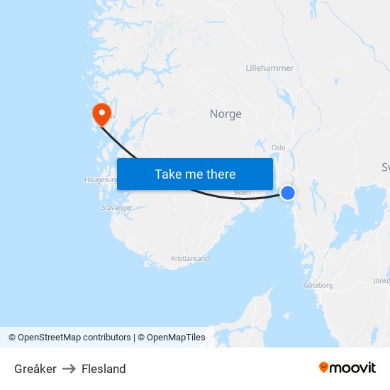 Greåker to Flesland map