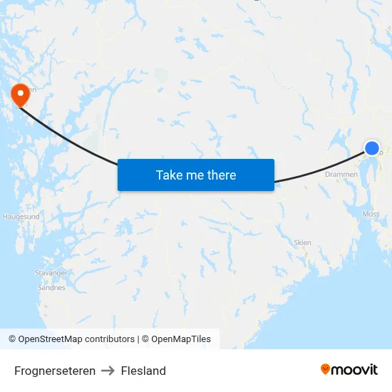 Frognerseteren to Flesland map