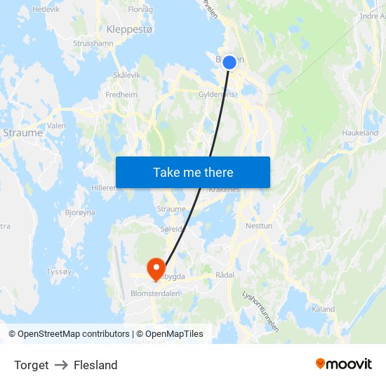 Torget to Flesland map