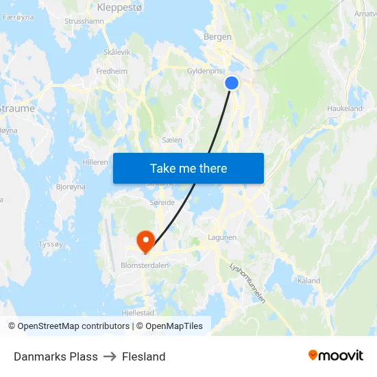 Danmarks Plass to Flesland map