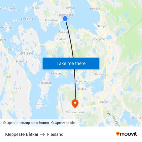 Kleppestø Båtkai to Flesland map