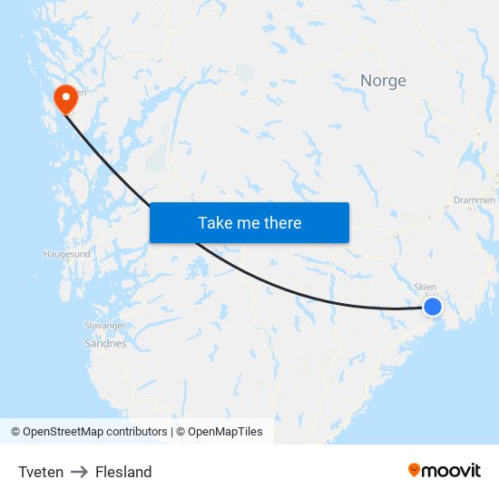 Tveten to Flesland map