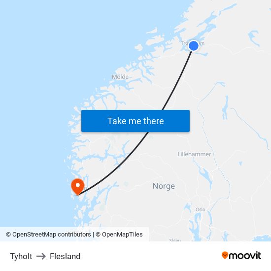 Tyholt to Flesland map