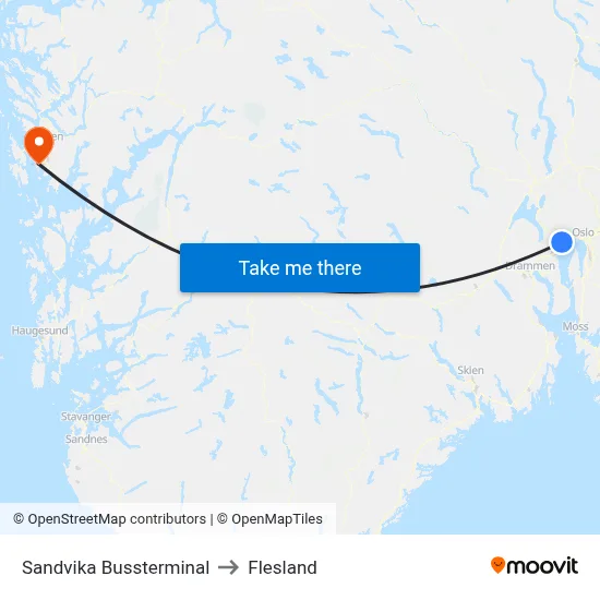 Sandvika Bussterminal to Flesland map