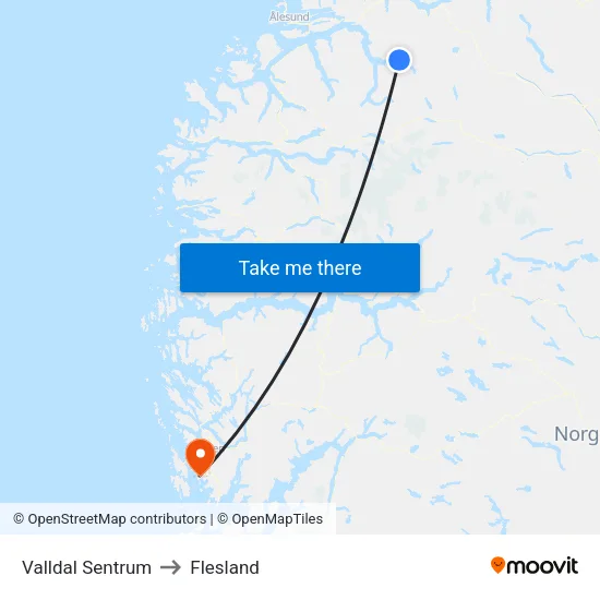 Valldal Sentrum to Flesland map