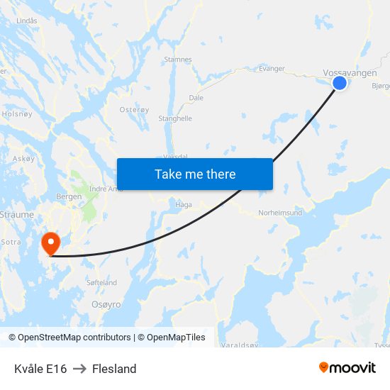 Kvåle E16 to Flesland map