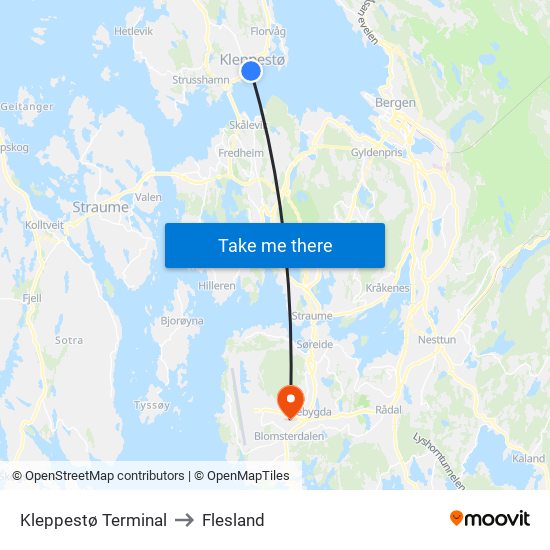 Kleppestø Terminal to Flesland map