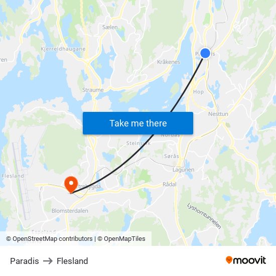 Paradis to Flesland map