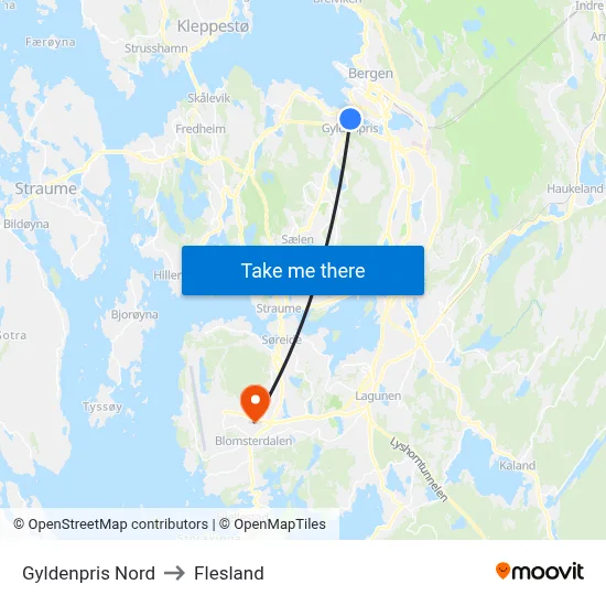 Gyldenpris Nord to Flesland map