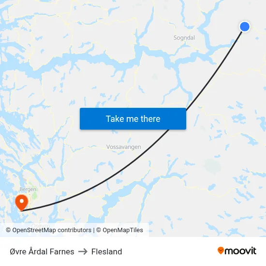 Øvre Årdal Farnes to Flesland map