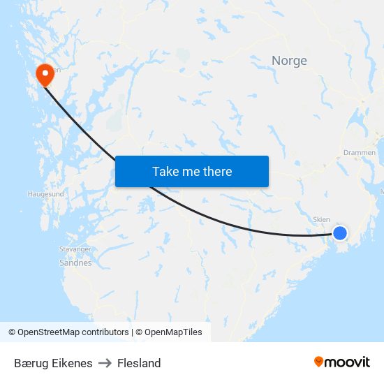 Bærug Eikenes to Flesland map