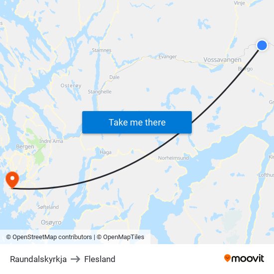 Raundalskyrkja to Flesland map