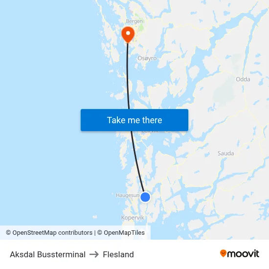 Aksdal Bussterminal to Flesland map