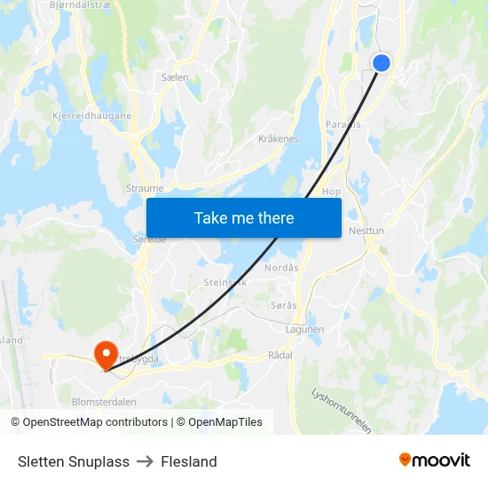 Sletten Snuplass to Flesland map