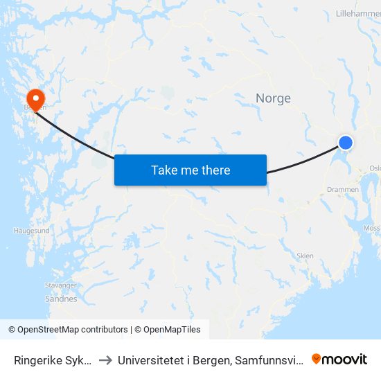 Ringerike Sykehus E16 to Universitetet i Bergen, Samfunnsvitenskapelig fakultet map