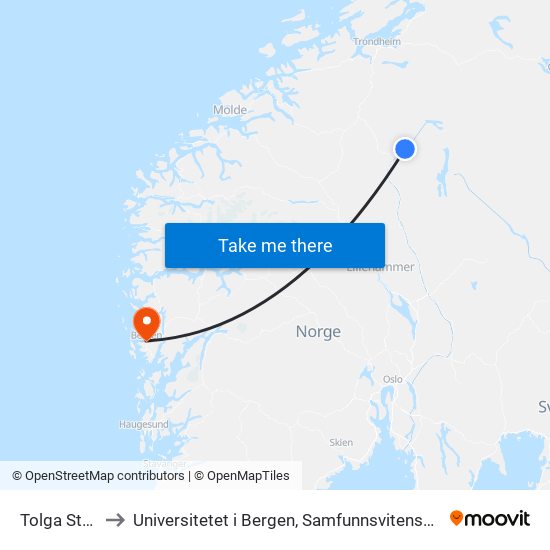 Tolga Stasjon to Universitetet i Bergen, Samfunnsvitenskapelig fakultet map