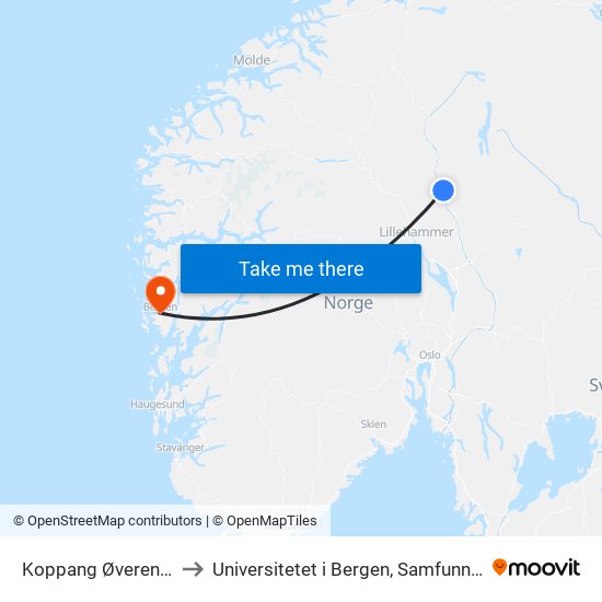 Koppang Øverengsmoen Shell to Universitetet i Bergen, Samfunnsvitenskapelig fakultet map