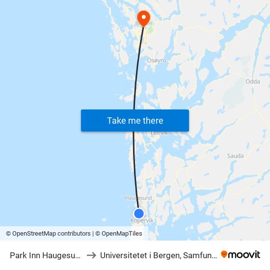 Park Inn Haugesund Airport Hotel to Universitetet i Bergen, Samfunnsvitenskapelig fakultet map