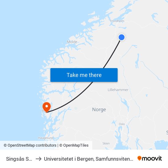 Singsås Stasjon to Universitetet i Bergen, Samfunnsvitenskapelig fakultet map