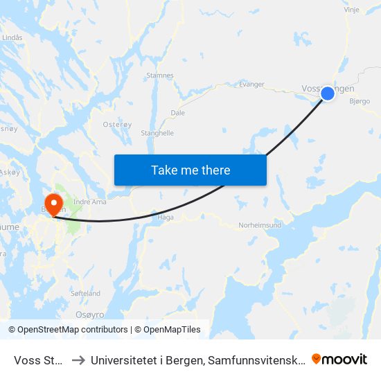 Voss Stasjon to Universitetet i Bergen, Samfunnsvitenskapelig fakultet map