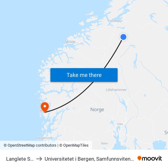 Langlete Stasjon to Universitetet i Bergen, Samfunnsvitenskapelig fakultet map