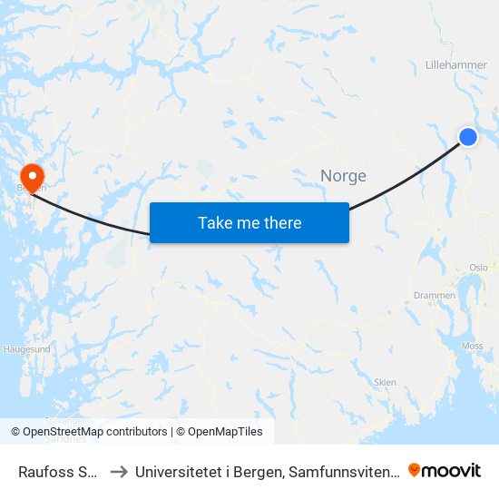 Raufoss Sentrum to Universitetet i Bergen, Samfunnsvitenskapelig fakultet map