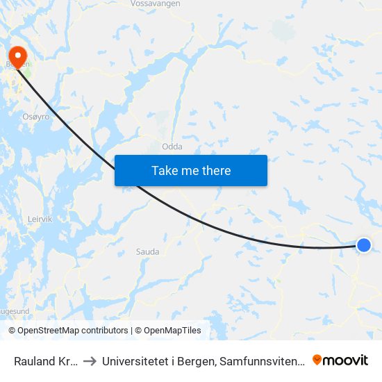 Rauland Krossen to Universitetet i Bergen, Samfunnsvitenskapelig fakultet map