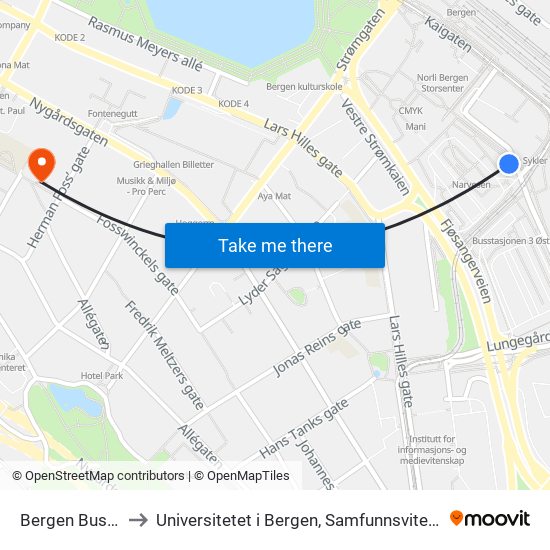 Bergen Busstasjon to Universitetet i Bergen, Samfunnsvitenskapelig fakultet map