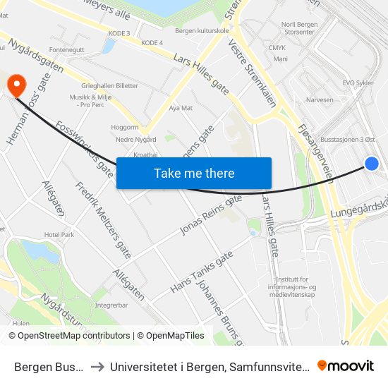 Bergen Busstasjon to Universitetet i Bergen, Samfunnsvitenskapelig fakultet map