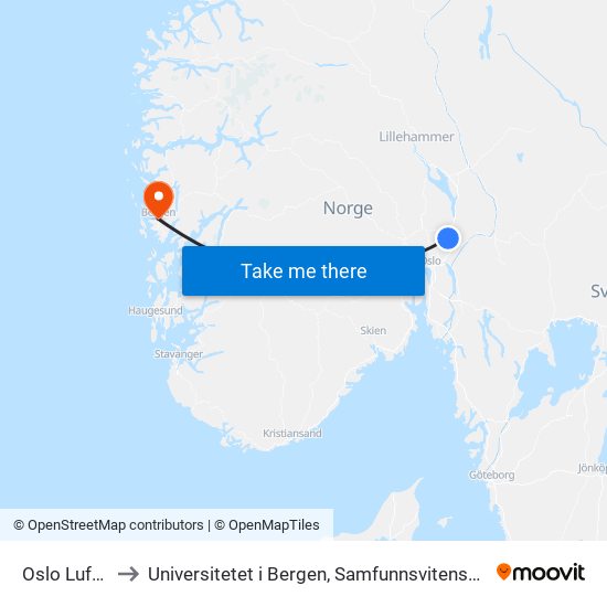 Oslo Lufthavn to Universitetet i Bergen, Samfunnsvitenskapelig fakultet map