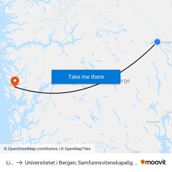 Lier to Universitetet i Bergen, Samfunnsvitenskapelig fakultet map