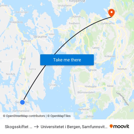 Skogsskiftet Terminal to Universitetet i Bergen, Samfunnsvitenskapelig fakultet map