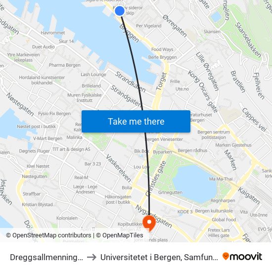 Dreggsallmenningen Flybusstopp to Universitetet i Bergen, Samfunnsvitenskapelig fakultet map