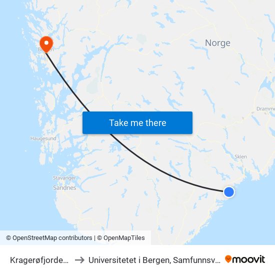 Kragerøfjorden Camping to Universitetet i Bergen, Samfunnsvitenskapelig fakultet map