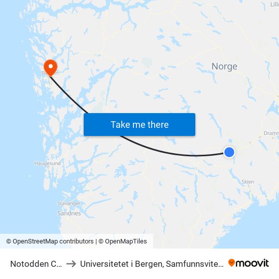 Notodden Camping to Universitetet i Bergen, Samfunnsvitenskapelig fakultet map