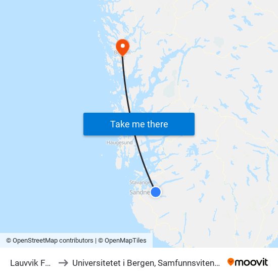 Lauvvik Ferjekai to Universitetet i Bergen, Samfunnsvitenskapelig fakultet map