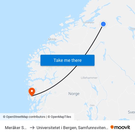 Meråker Sentrum to Universitetet i Bergen, Samfunnsvitenskapelig fakultet map