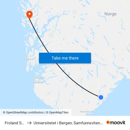 Froland Stasjon to Universitetet i Bergen, Samfunnsvitenskapelig fakultet map