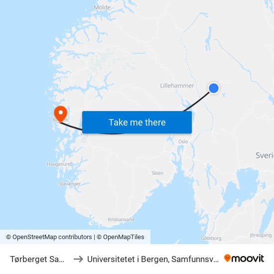 Tørberget Samfunnshus to Universitetet i Bergen, Samfunnsvitenskapelig fakultet map