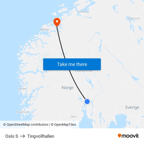 Oslo S to Tingvollhallen map