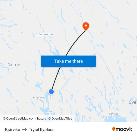 Bjørvika to Trysil flyplass map