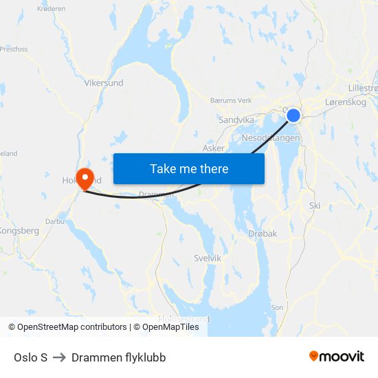 Oslo S to Drammen flyklubb map