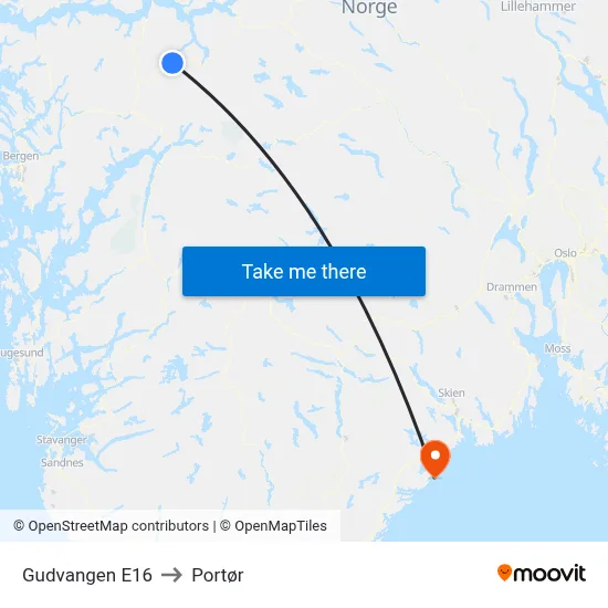 Gudvangen E16 to Portør map