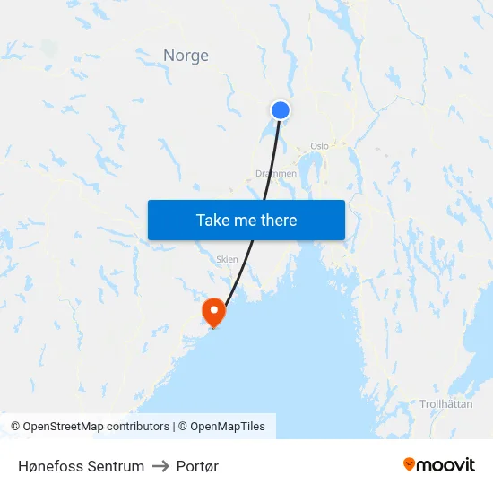 Hønefoss Sentrum to Portør map