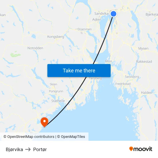 Bjørvika to Portør map