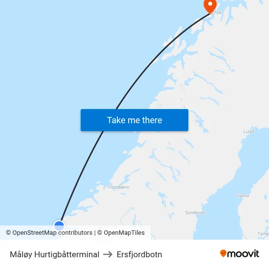 Måløy Hurtigbåtterminal to Ersfjordbotn map