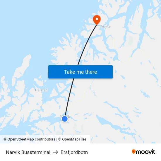 Narvik Bussterminal to Ersfjordbotn map